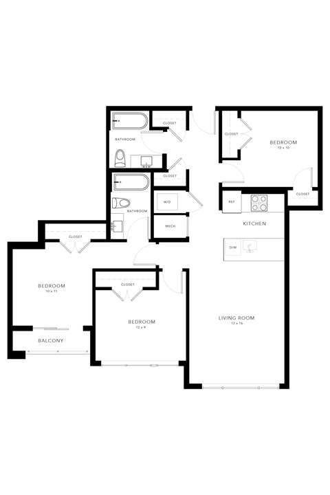 Floor plan for 3 beds, 2 baths, 974 sqft